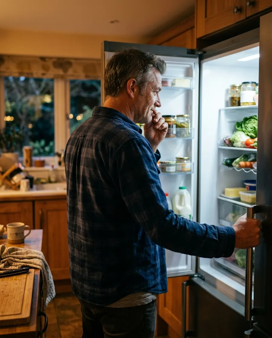 Man looking into the fridge, trying to remember why he opened it